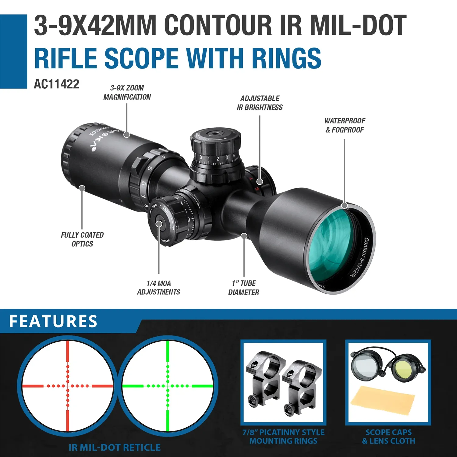Barska Contour 3-9x42 AC11422 Richtkijker Verlicht Mil-Dot