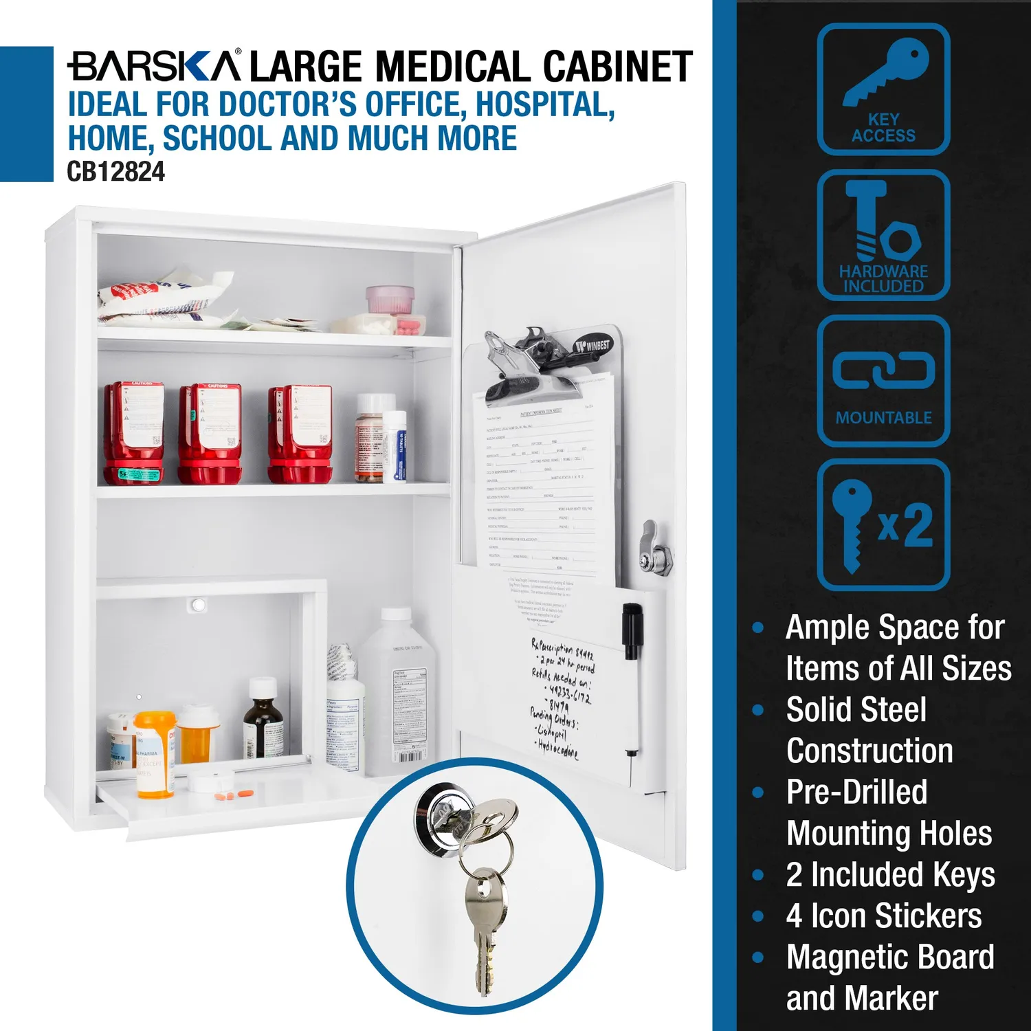 Barska CB12824 medicijnkast groot staal met whiteboard