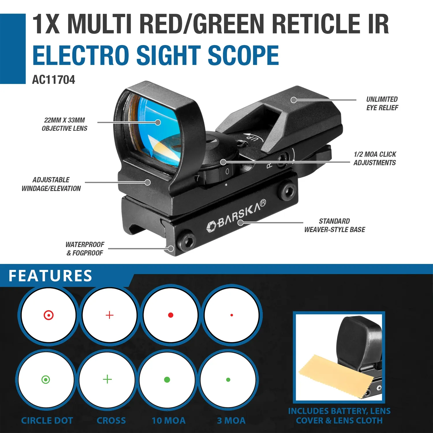 Barska Electro Sight AC11704 red dot 1x 4 reticles