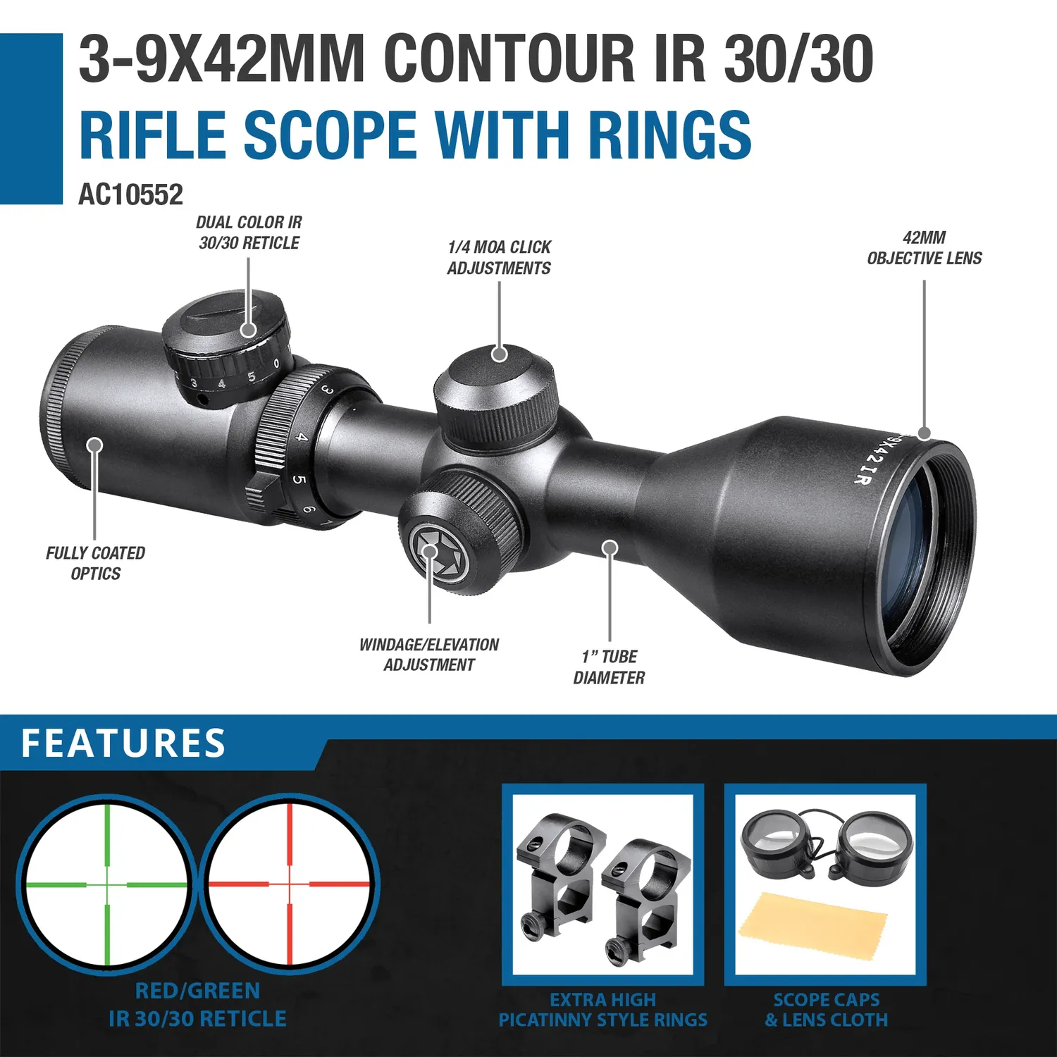 Barska Contour AC10552 richtkijker 3-9x42 IR met ringen