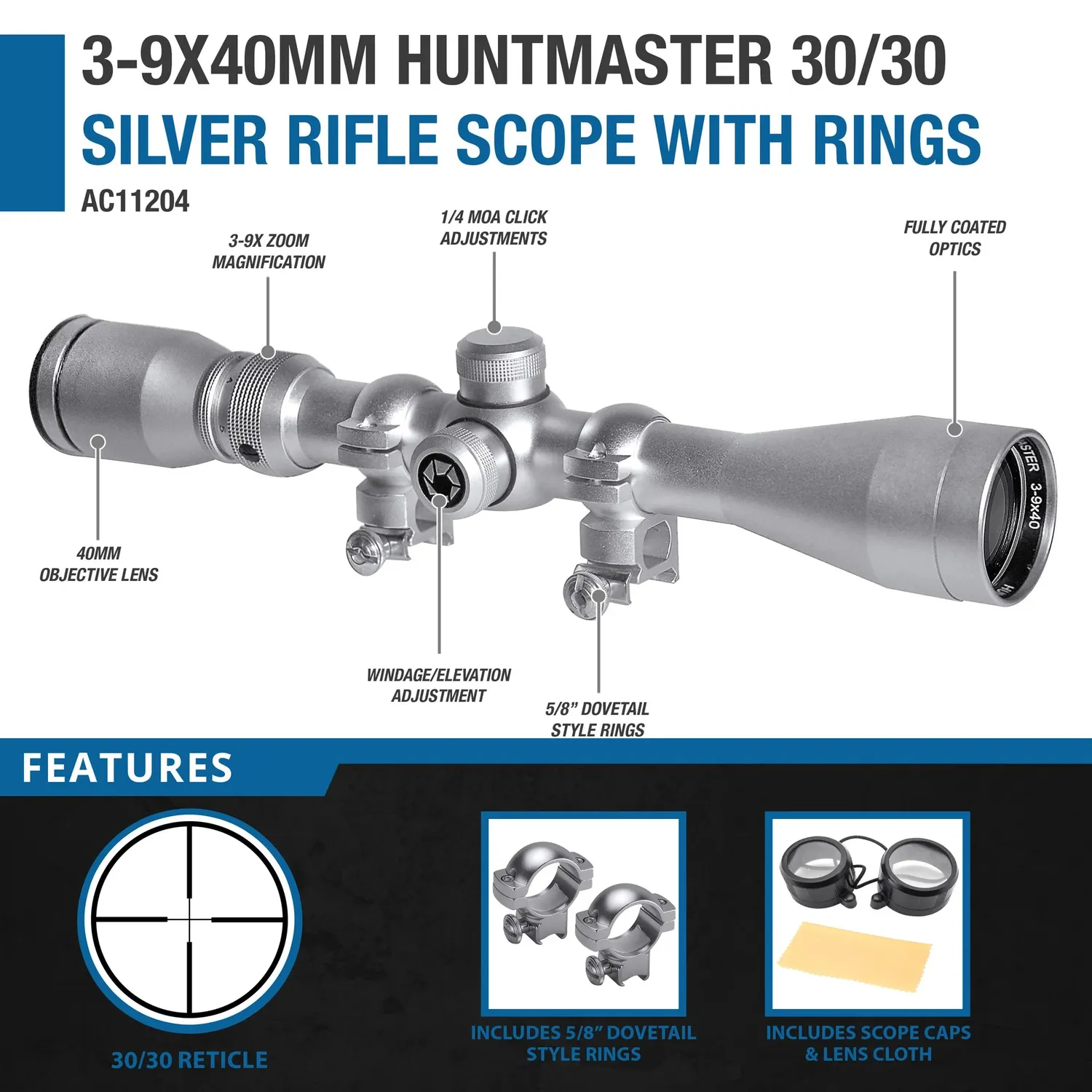 Barska Huntmaster 3-9x40 AC11204 richtkijker zilver 30/30