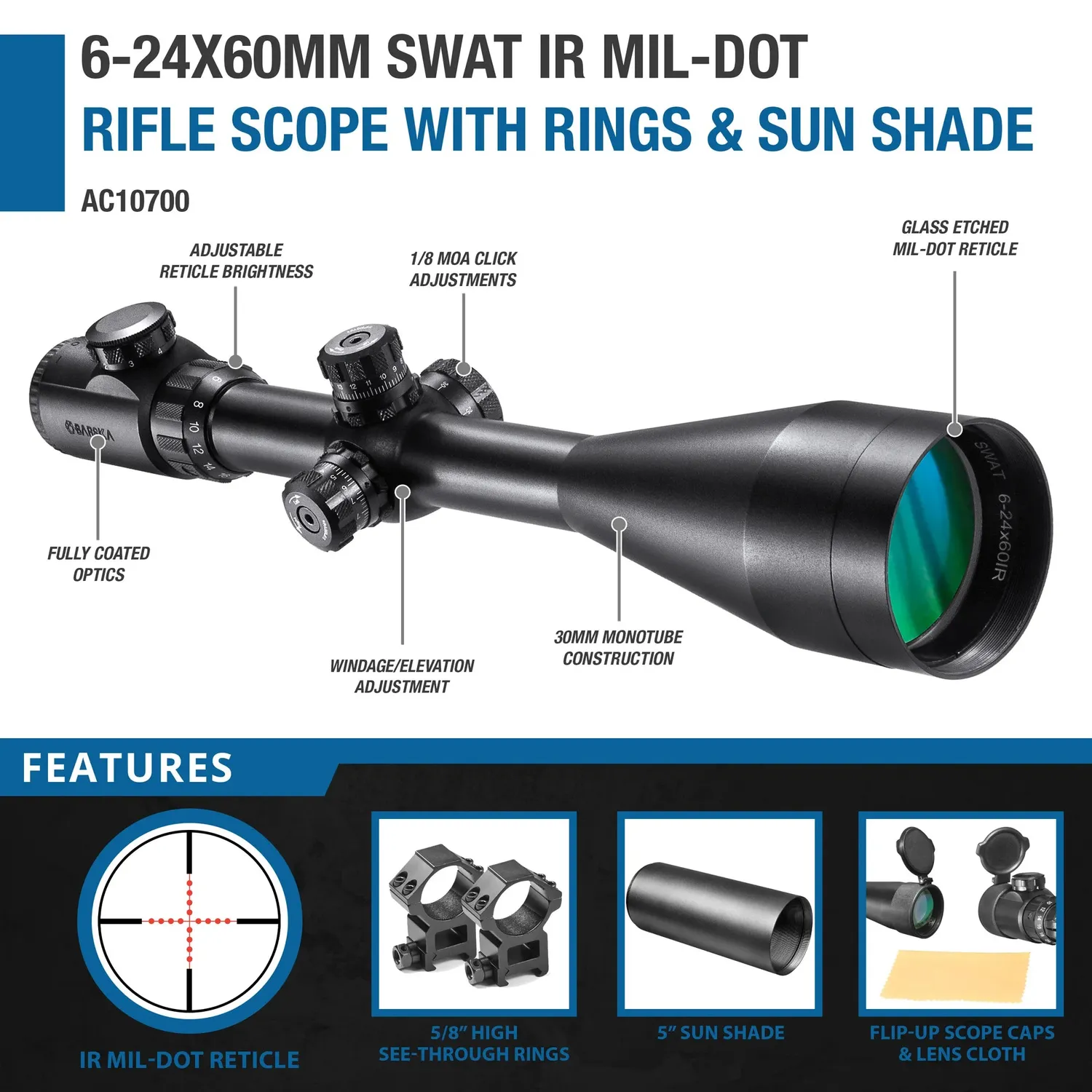 Barska SWAT 6-24x60mm IR Mil-Dot richtkijker met ringen