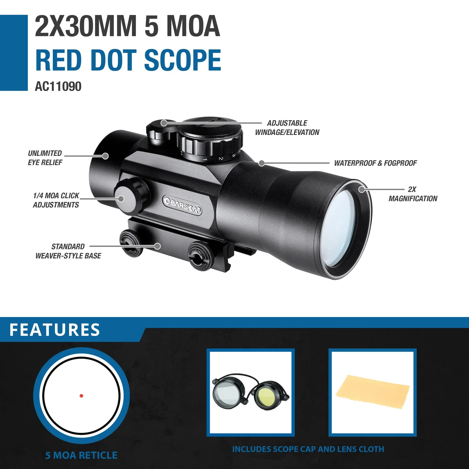 Barska AC11090 red dot sight 2x30 5 MOA