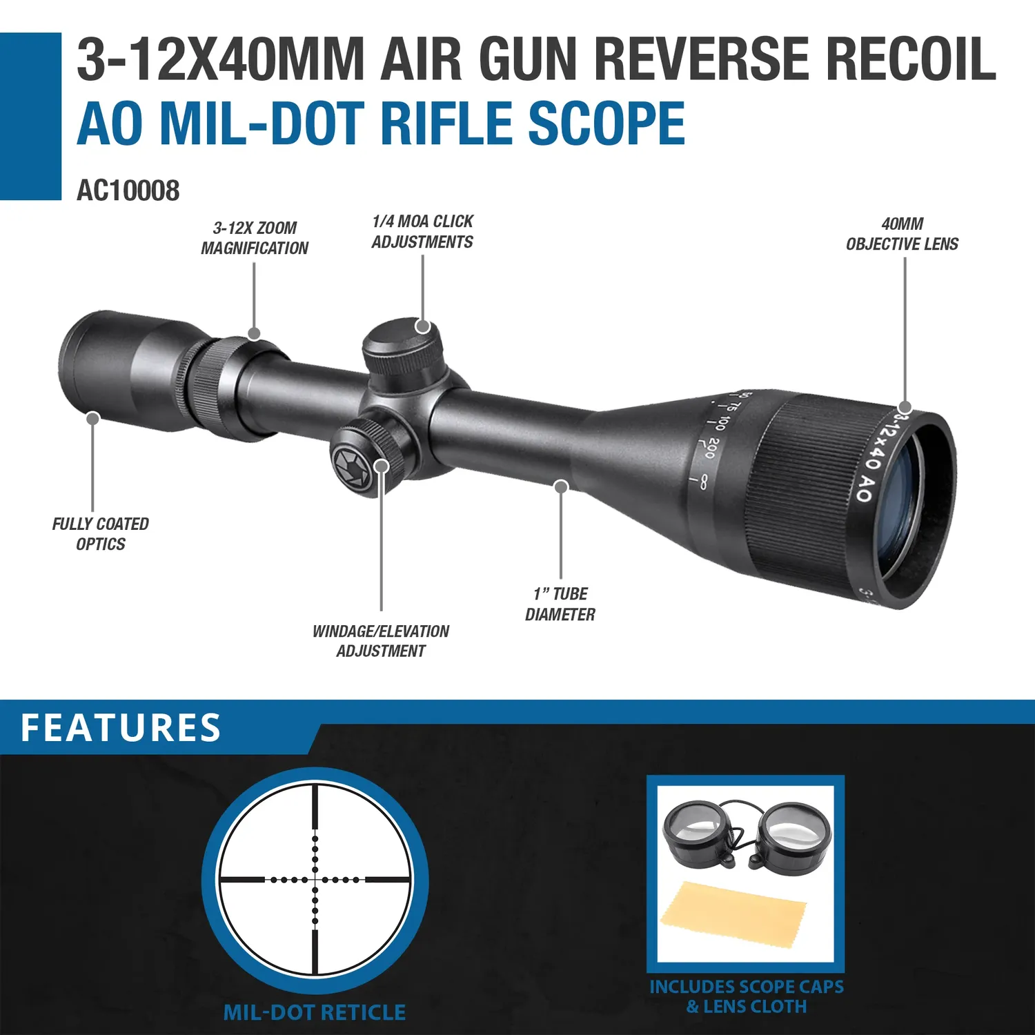 Barska AC10008 richtkijker 3-12x40 AO Mil-Dot luchtbuks