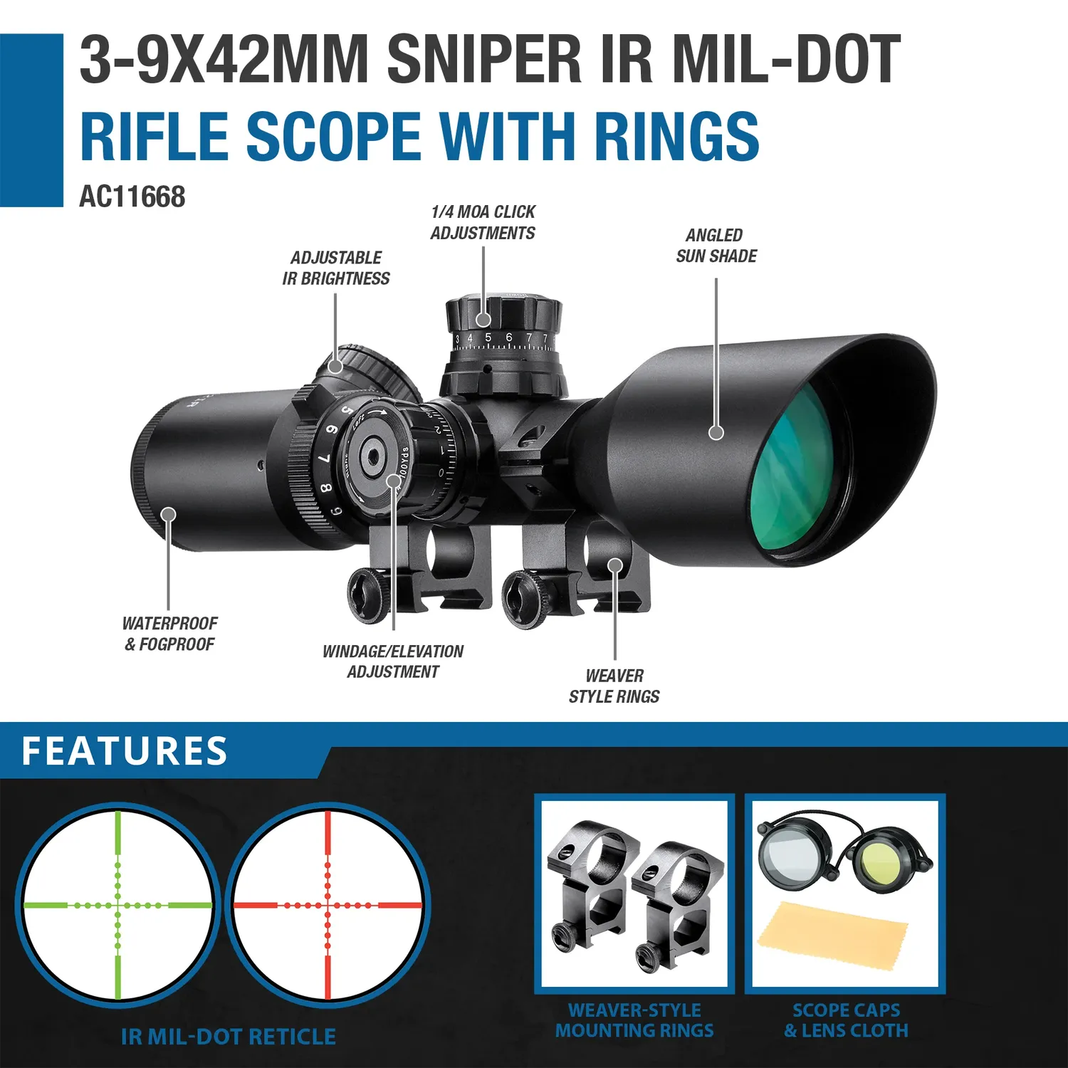 Barska Sniper AC11668 richtkijker 3-9x42 IR mil-dot