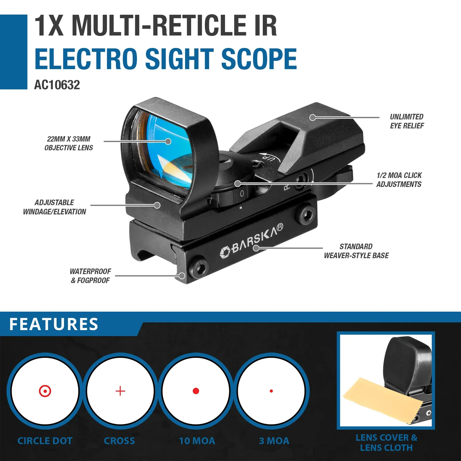 Barska Electro Sight AC10632 red dot 1x 4 reticles