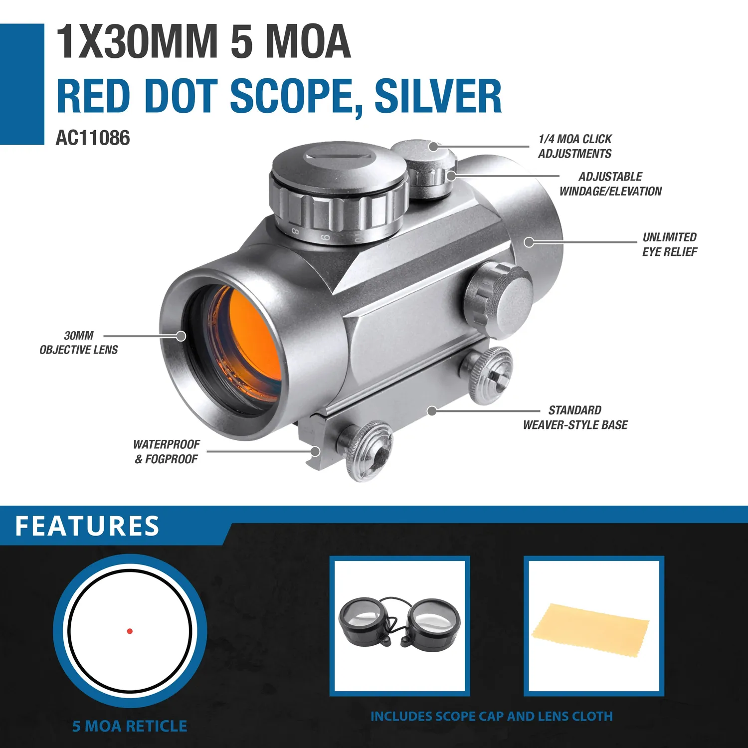 Barska AC11086 red dot 1x30 zilver 5 MOA