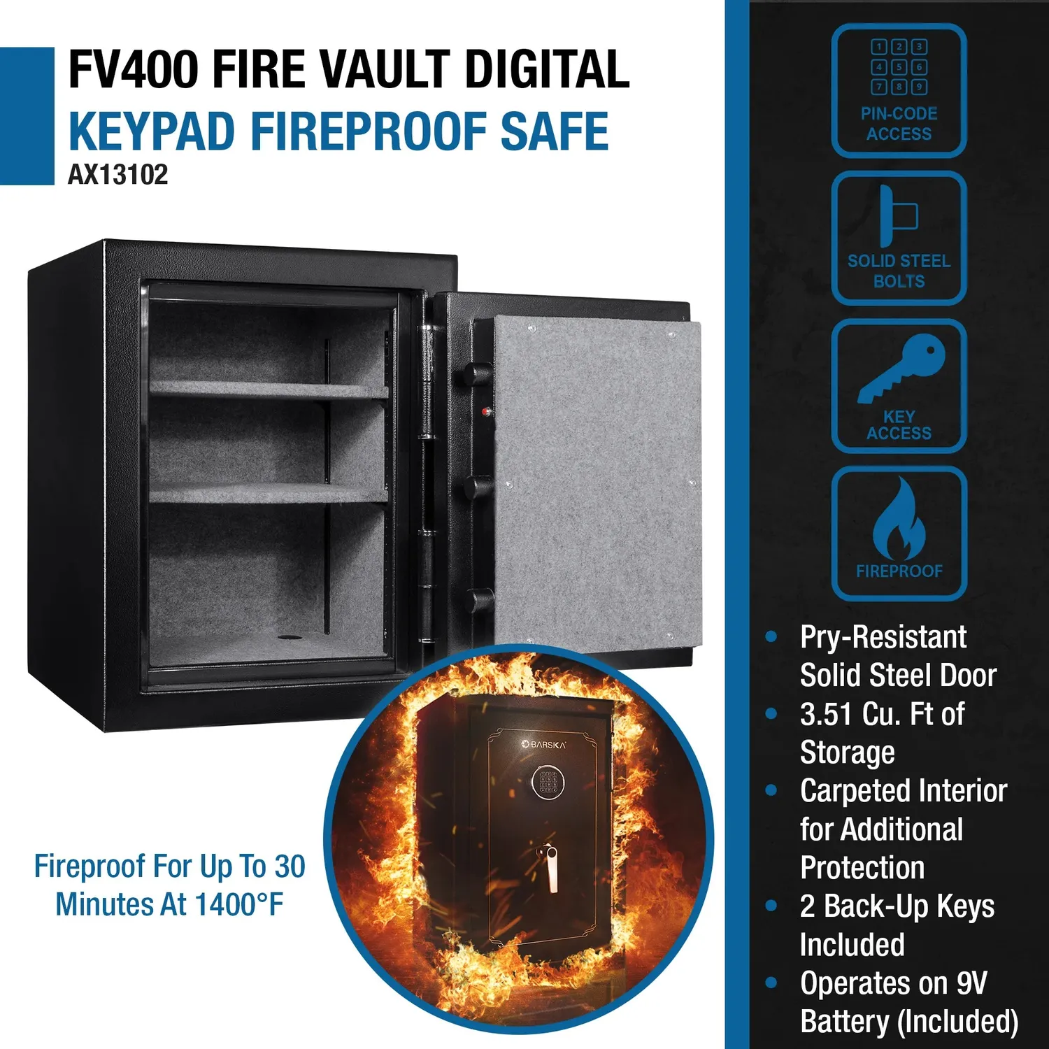 Barska FireVault FV400 brandwerende kluis AX13102 3,51 cu ft